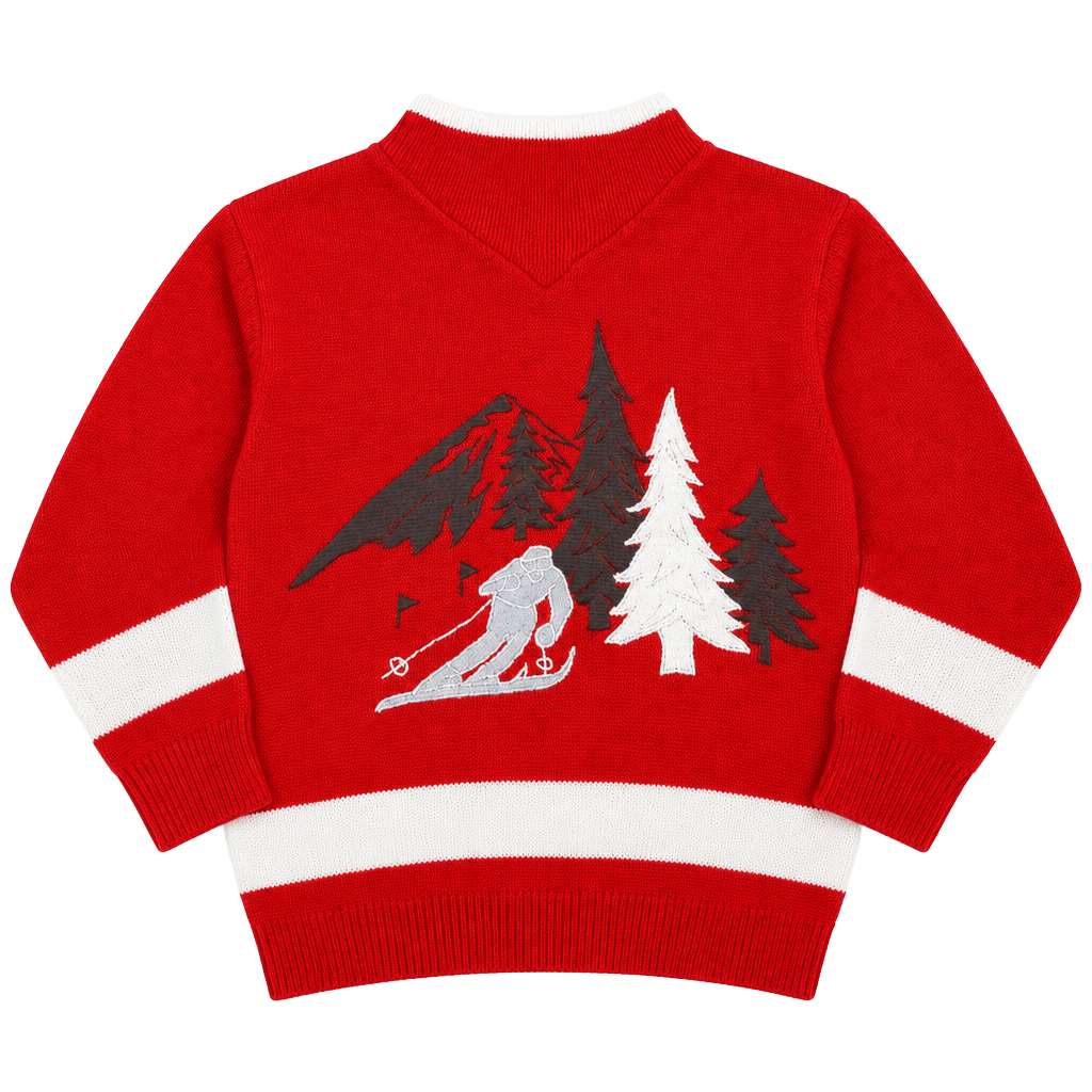 Oui Designer Collection Ski Sweater Size L Red Mountain Scene 1