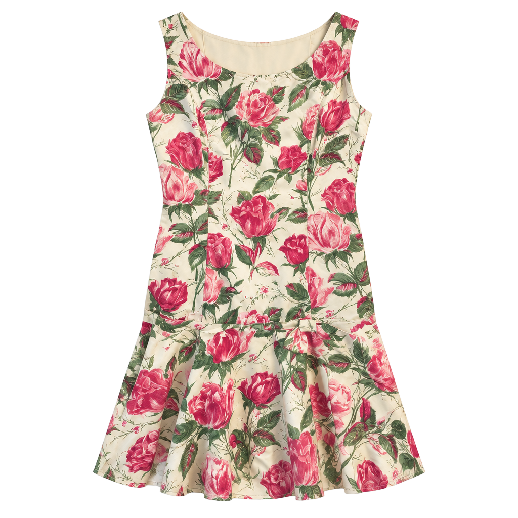 Retro Vintage Rose Print Party Dress silk s 1