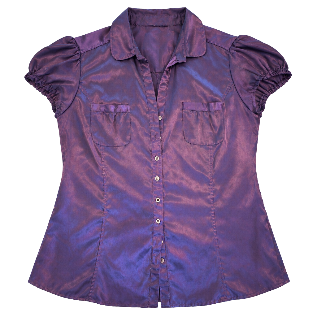 Zara Basic Button Up Shirt Size Large Purple Satin Short Sleeve 1