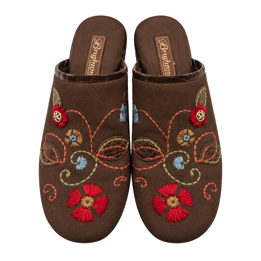 Brighton Fiona Size 9M Brown Embroidered Suede Clog Mules 1
