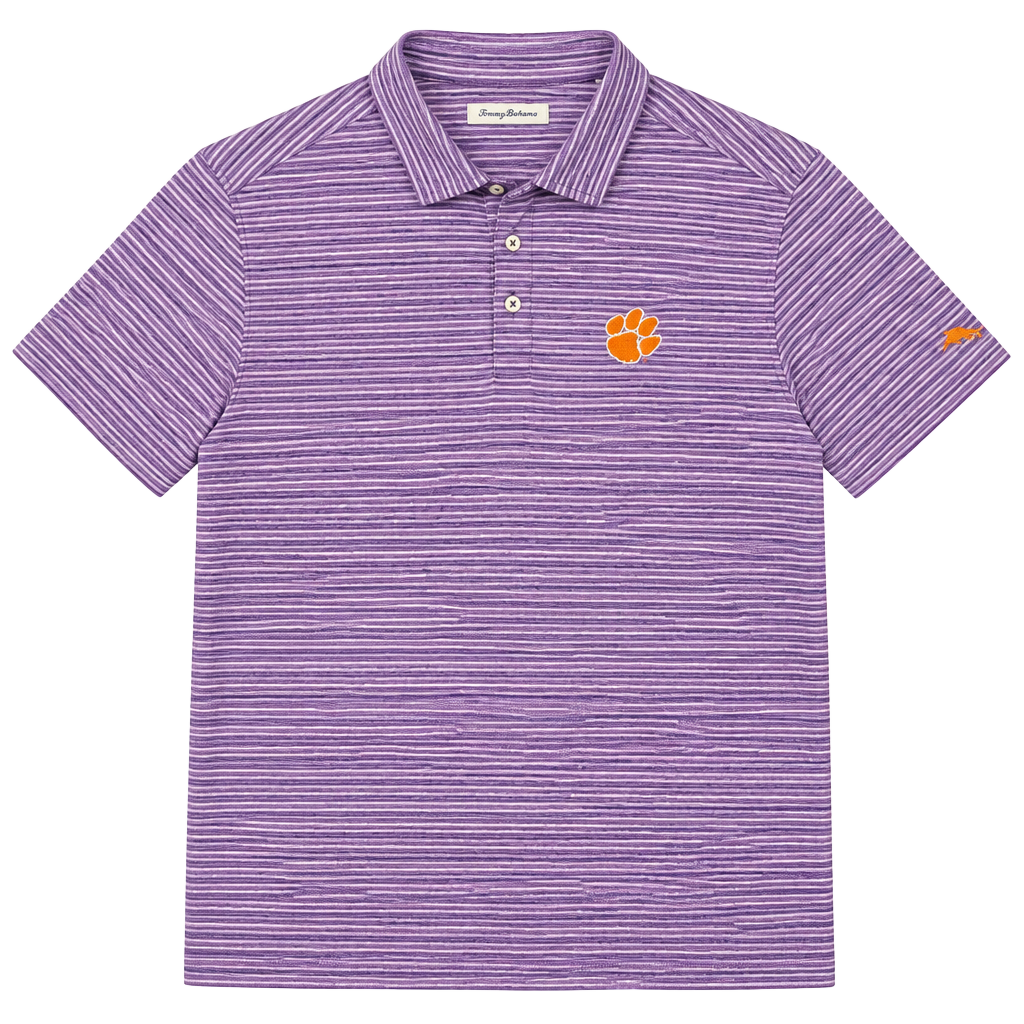 Tommy Bahama Clemson Tigers Polo Size XL Purple Striped Golf Shirt 1