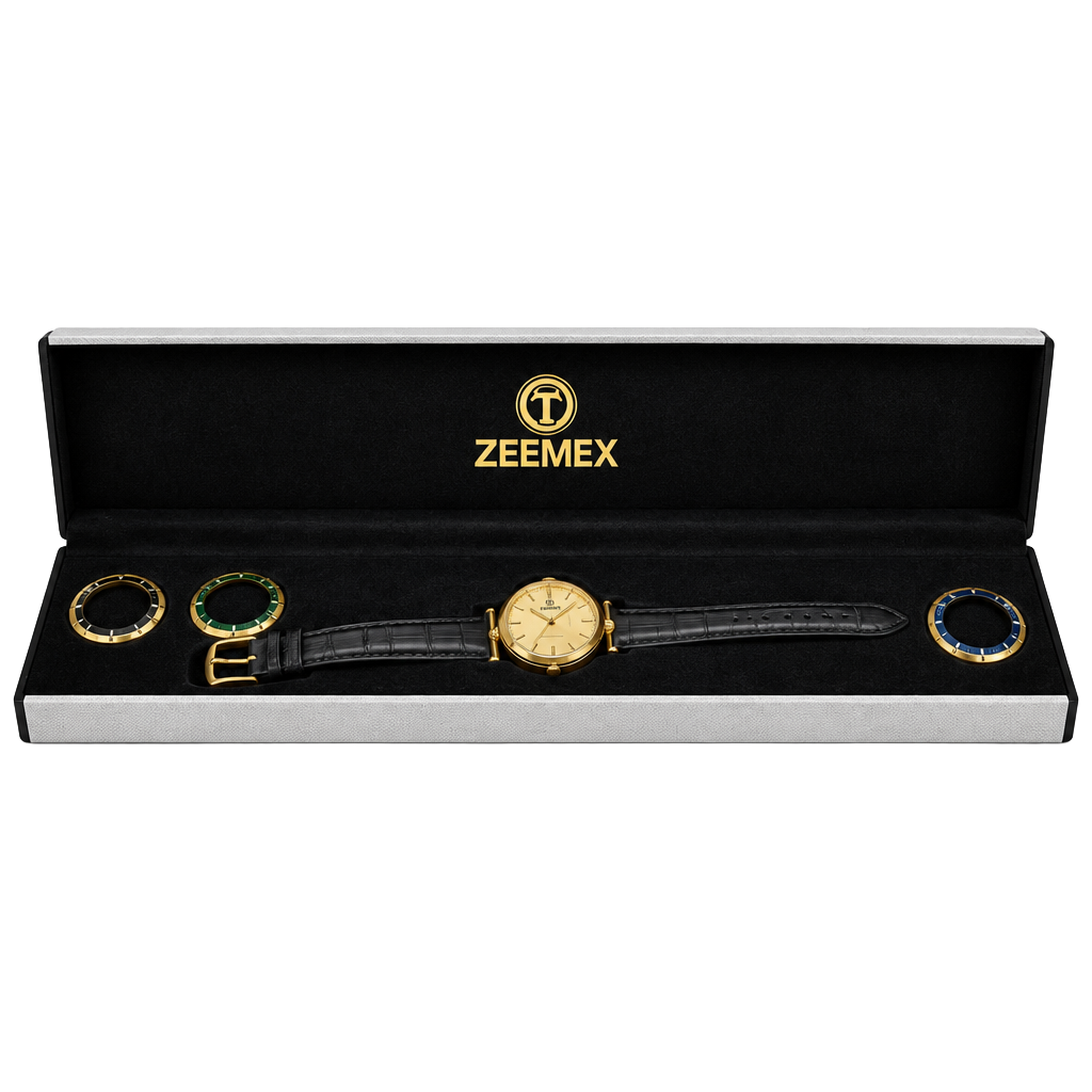 Zeemex Interchangeable Bezel Watch Gold Tone Black Leather Strap 1