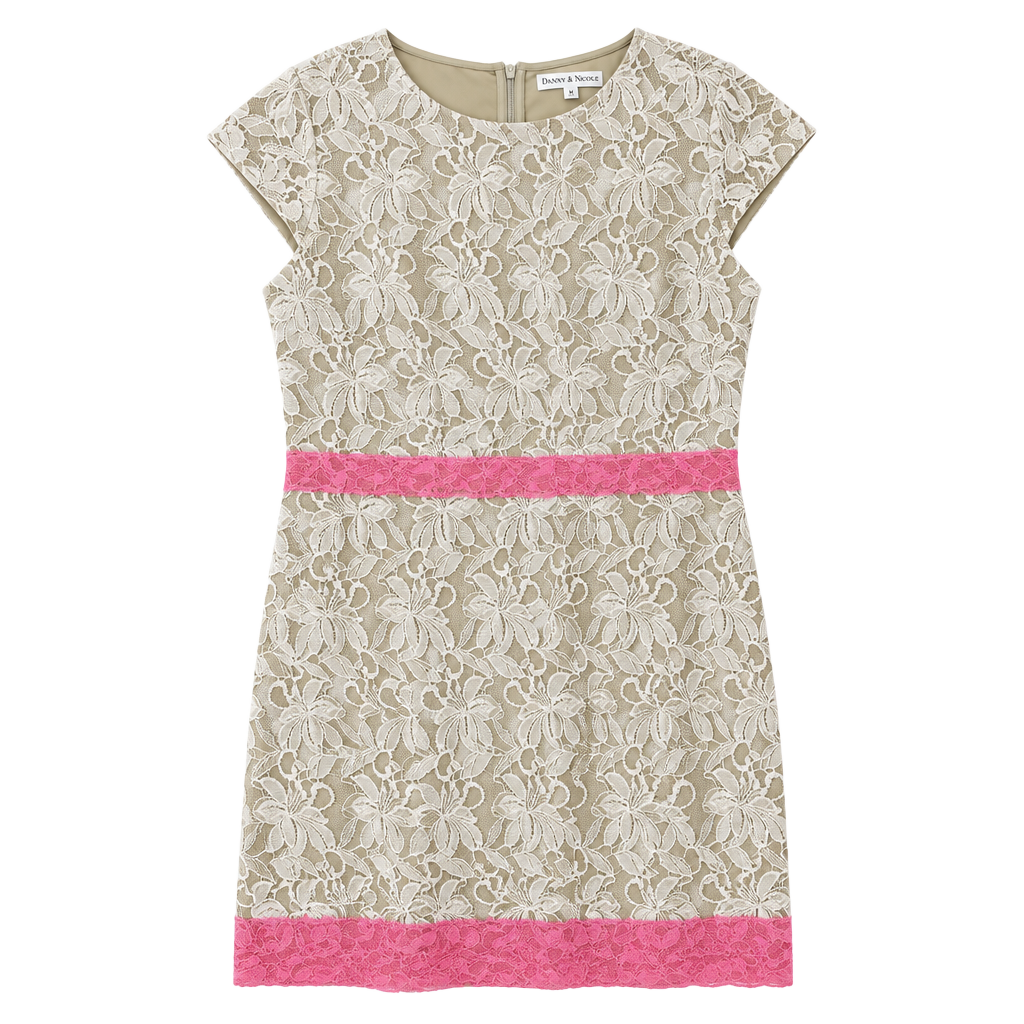 Danny & Nicole Lace Dress Size 16 Beige Pink Floral Short Sleeve 1