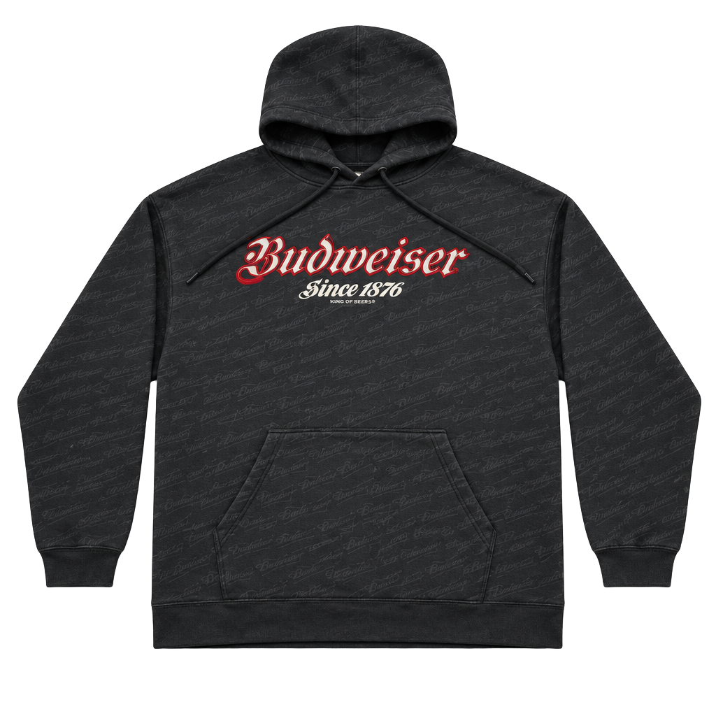 Budweiser Hoodie Size Large Black All Over Print Spellout Vintage 2008 1