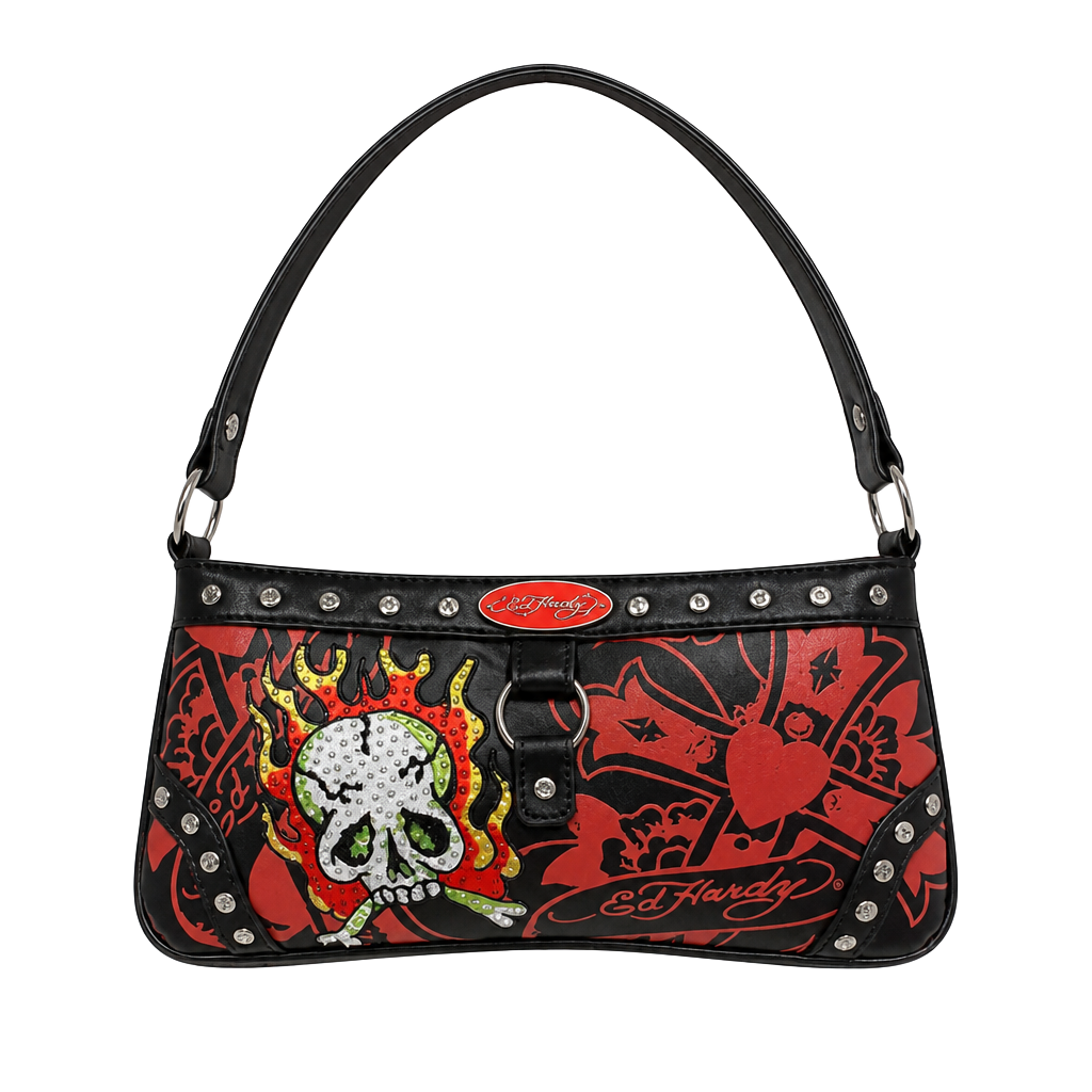 Ed Hardy Midnight Rebel Rhinestone Skull and Flames Shoulder Bag 1