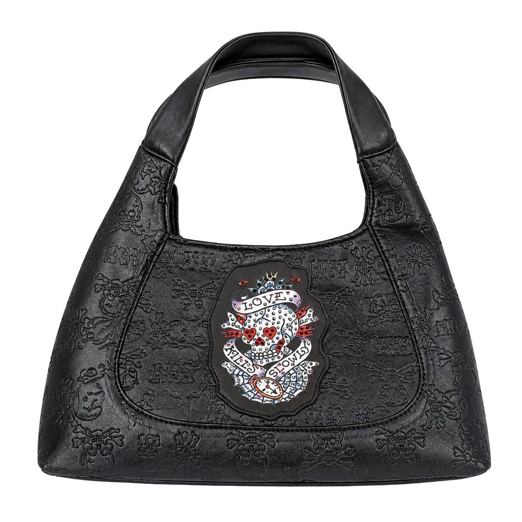 Ed Hardy Black Faux Leather Small Satchel with Skull Motif 1