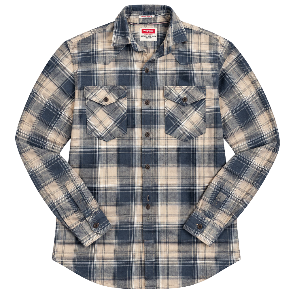 Wrangler Plaid Long Sleeve Shirt Size S/P Tan Navy Blue Flannel Western Shirt 1