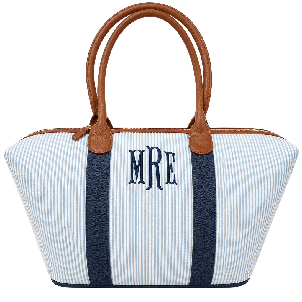 Marleylilly Seersucker Weekender Bag Blue Striped Monogrammed MRE 1