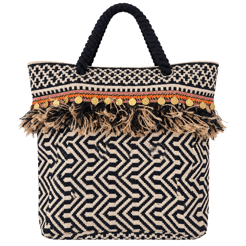 Malini Woven Chevron Fringe Coin Tote Bag Navy Black Cream 1