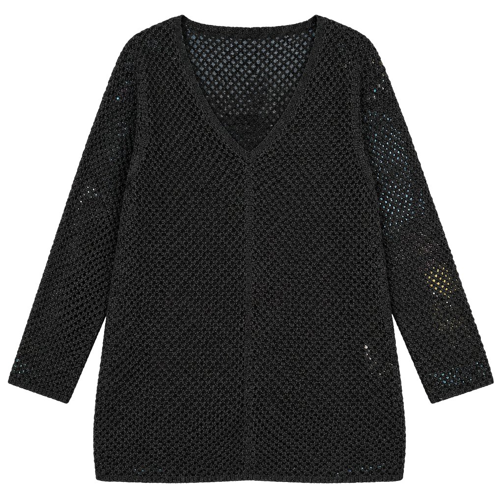 Calvin Klein Black Open Knit V-Neck Long Sleeve Sweater Cover-Up 1