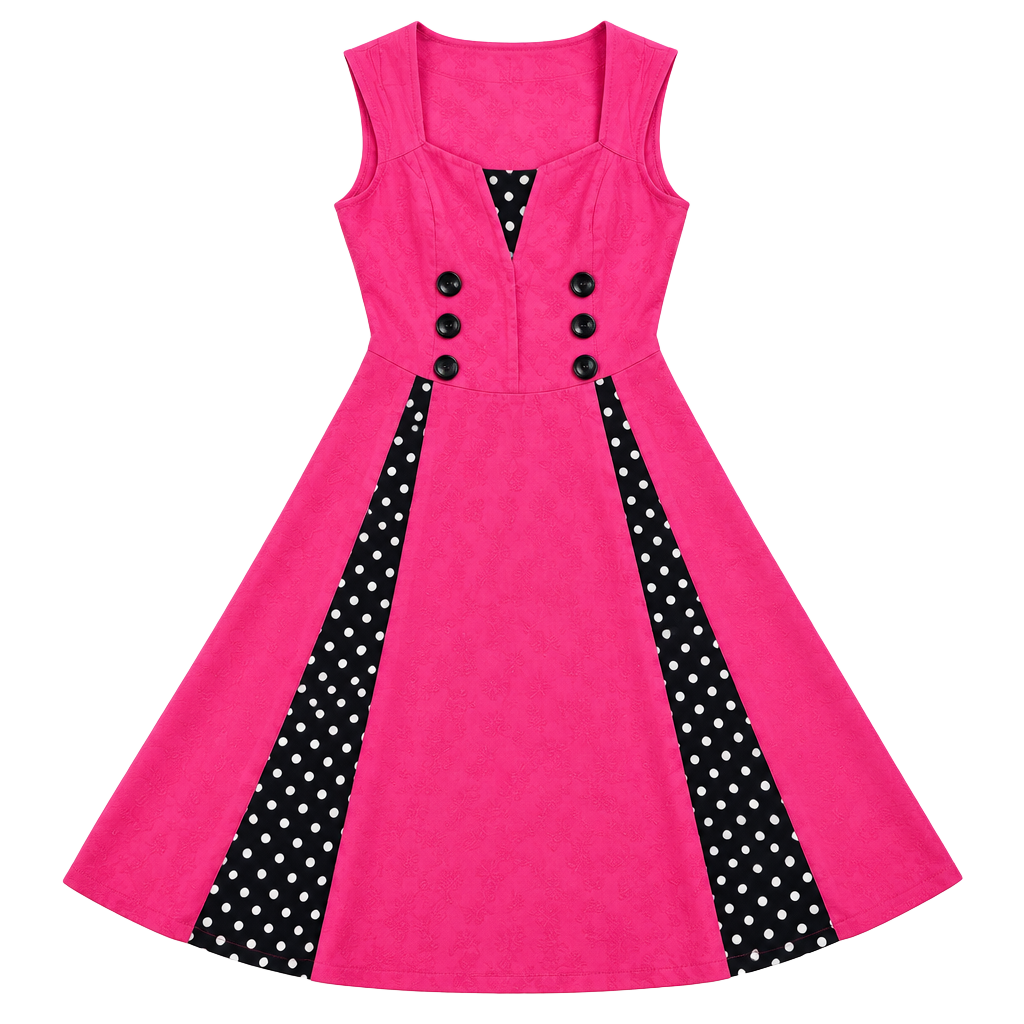Pinup Couture Flare Dress Size M Pink Black Polka Dot Sleeveless 1