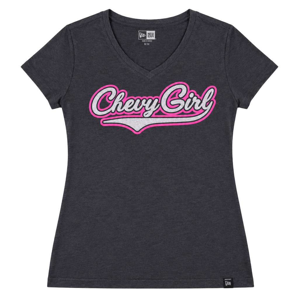 New Era Chevy Girl V-Neck T-Shirt Size M Gray Pink Glitter Graphic Tee 1