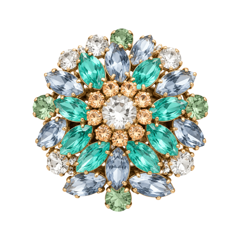 Vintage Blue and Green Rhinestone Floral Brooch 1