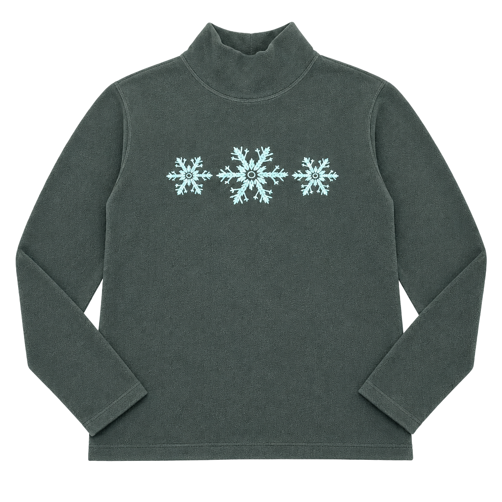 Lands' End Women's Green Fleece Snowflake Embroidered Mock Neck Pullover Medium 1