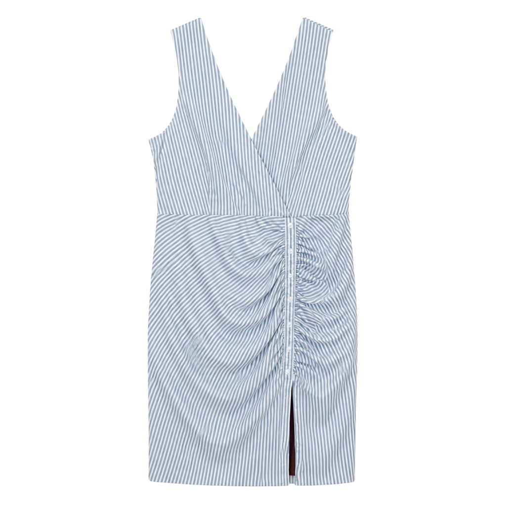 Anatomie Dress Size L Blue White Striped Ruched V-Neck 1