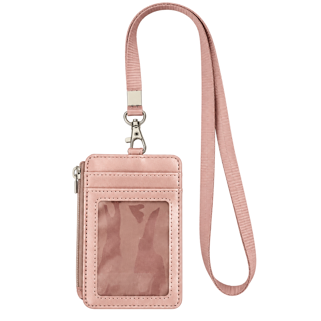 Teskyer ID Badge Holder with Lanyard Pink PU Leather Neck Strap 1