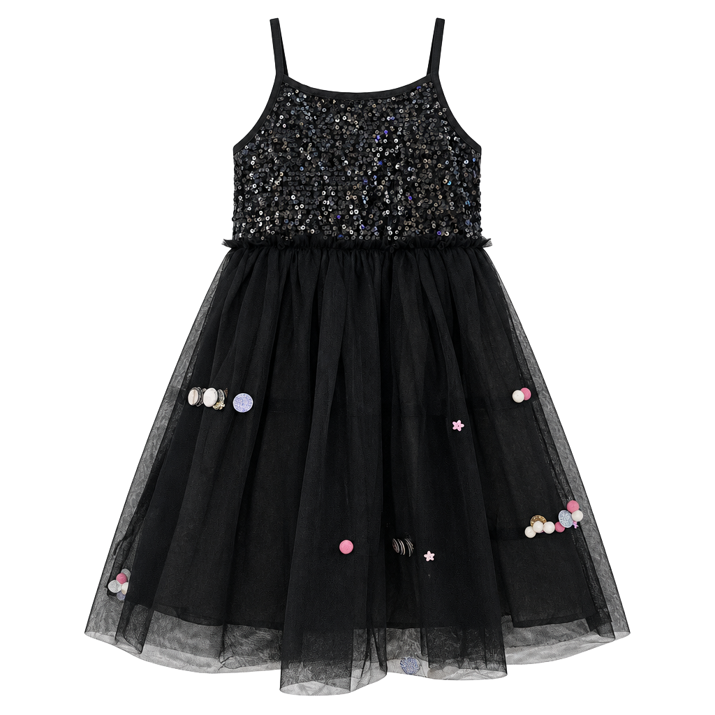 Cat & Jack Sequin Pom Pom Party Dress Size 6/6X Black 1