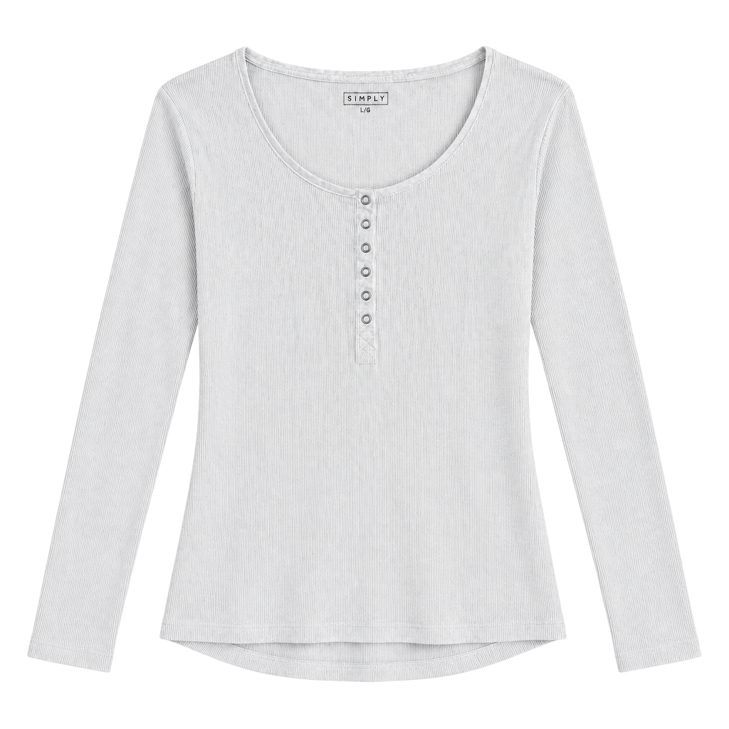 Simply Styled Long Sleeve Henley Shirt Size L White Ribbed Button Front 1