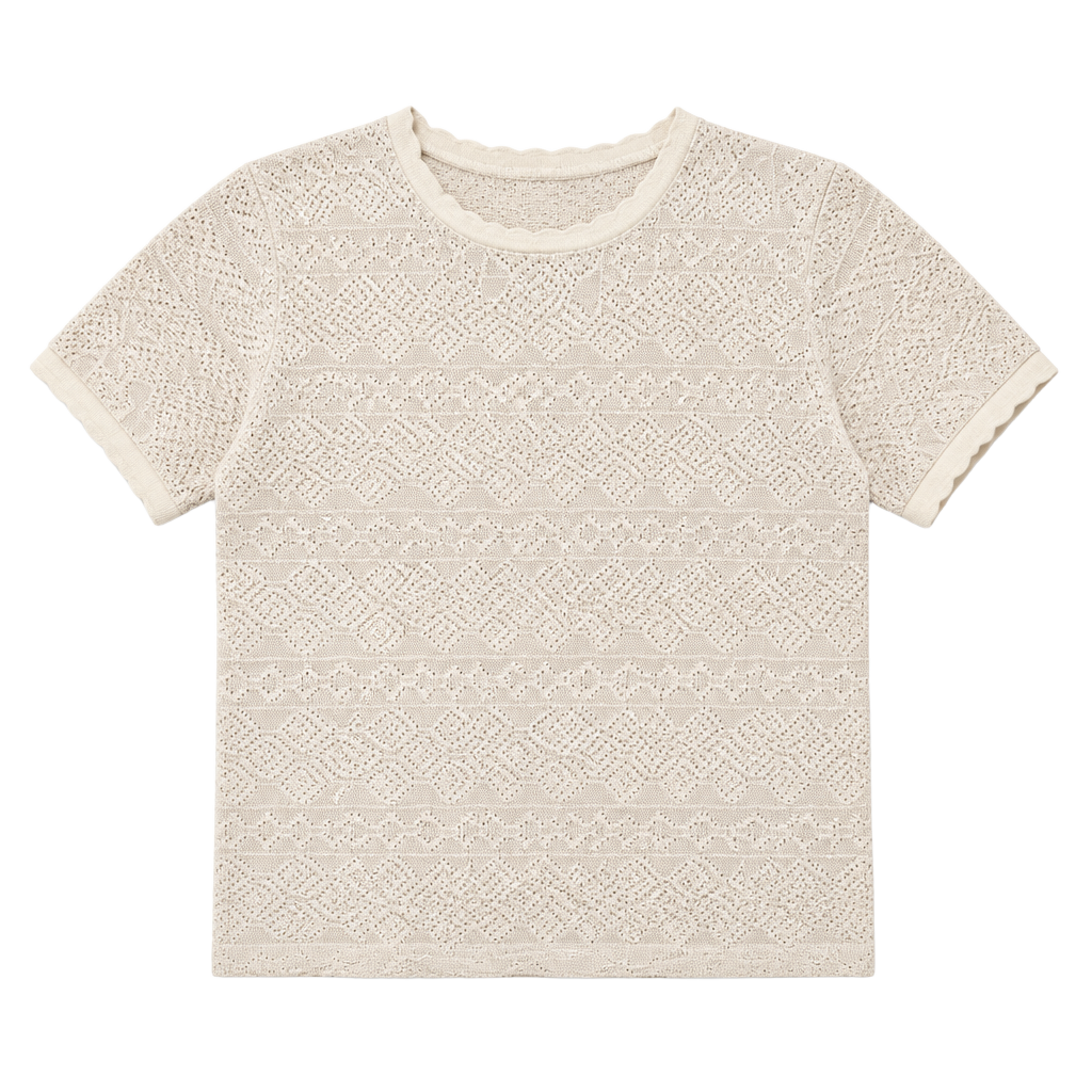 Zara Ivory Open Crochet Knit Jacquard Short Sleeve Top Blouse Size M 1