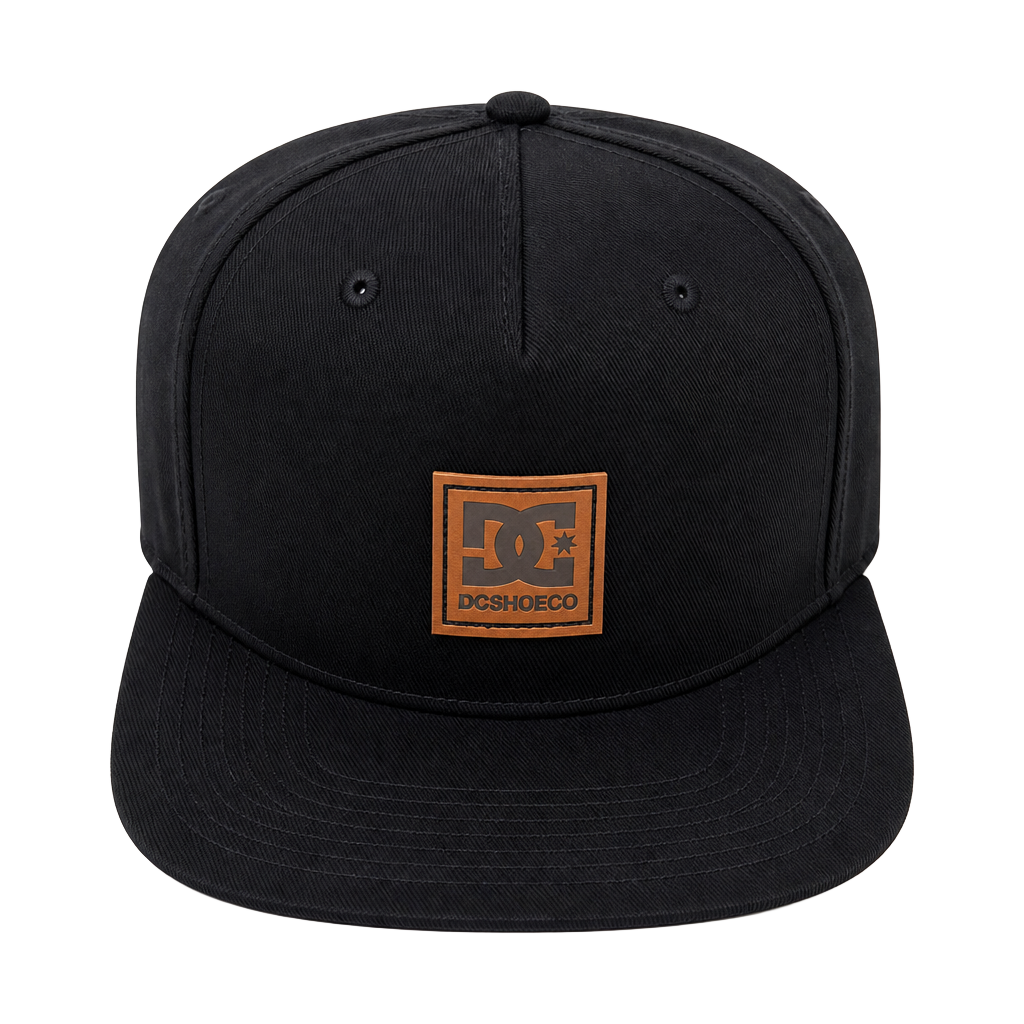 DC Shoes Reynotts 6 Snapback Hat Black with Brown Faux Leather Patch 1