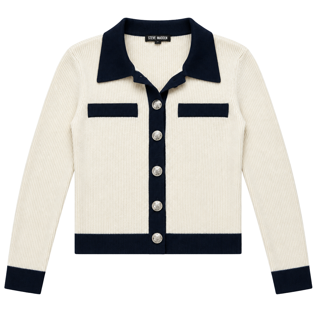 Steve Madden Ribbed Knit Cardigan Sweater White/Navy Blue 1