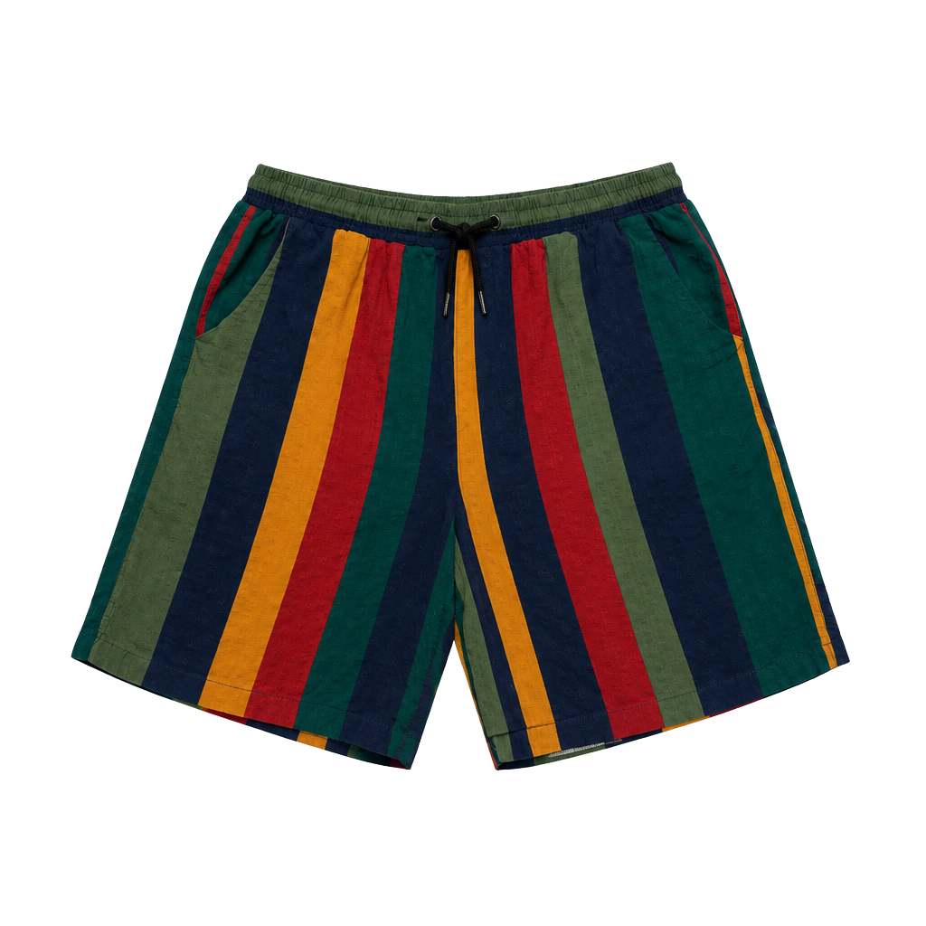 SHEIN Men Contrast Striped Print Drawstring Waist Shorts Colorful Vacation 1