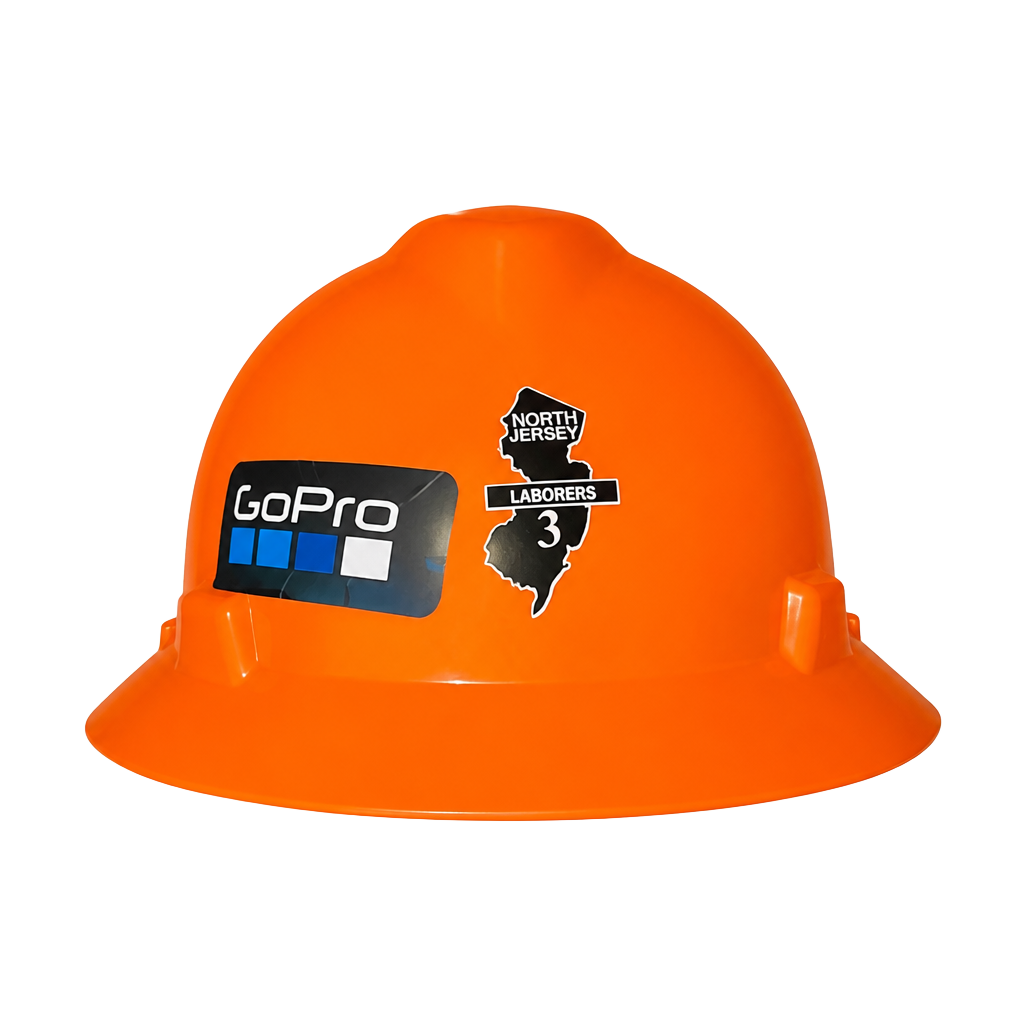 MSA V-Gard Orange Full Brim Hard Hat with Custom Stickers 1