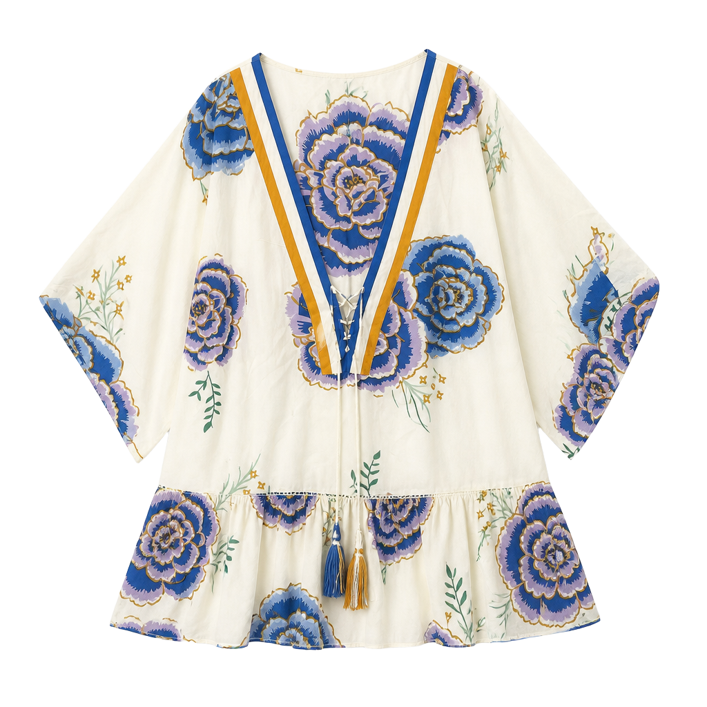 Z & L Europe Boho Floral Print Tunic Kimono with Tassels 1