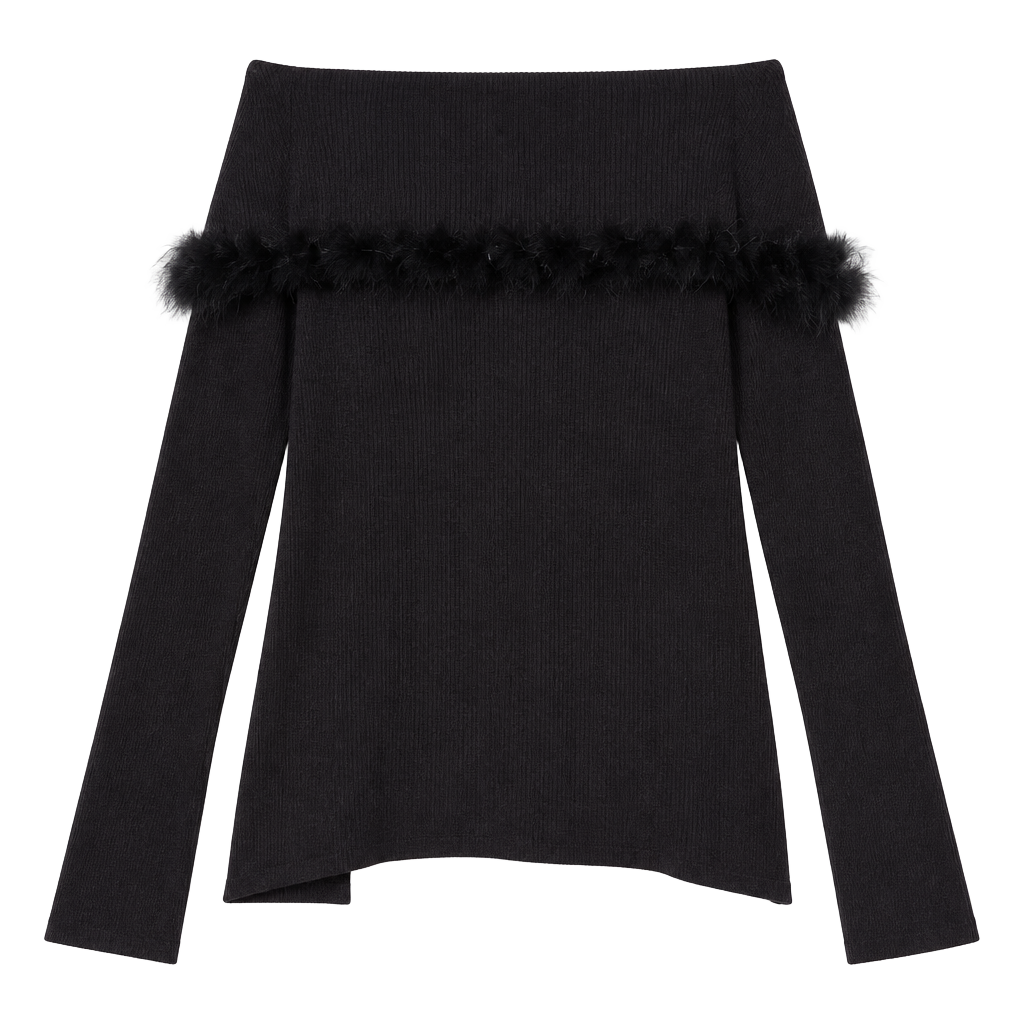 Vintage Y2K Off-Shoulder Long Sleeve Top Brown Faux Fur Trim 1