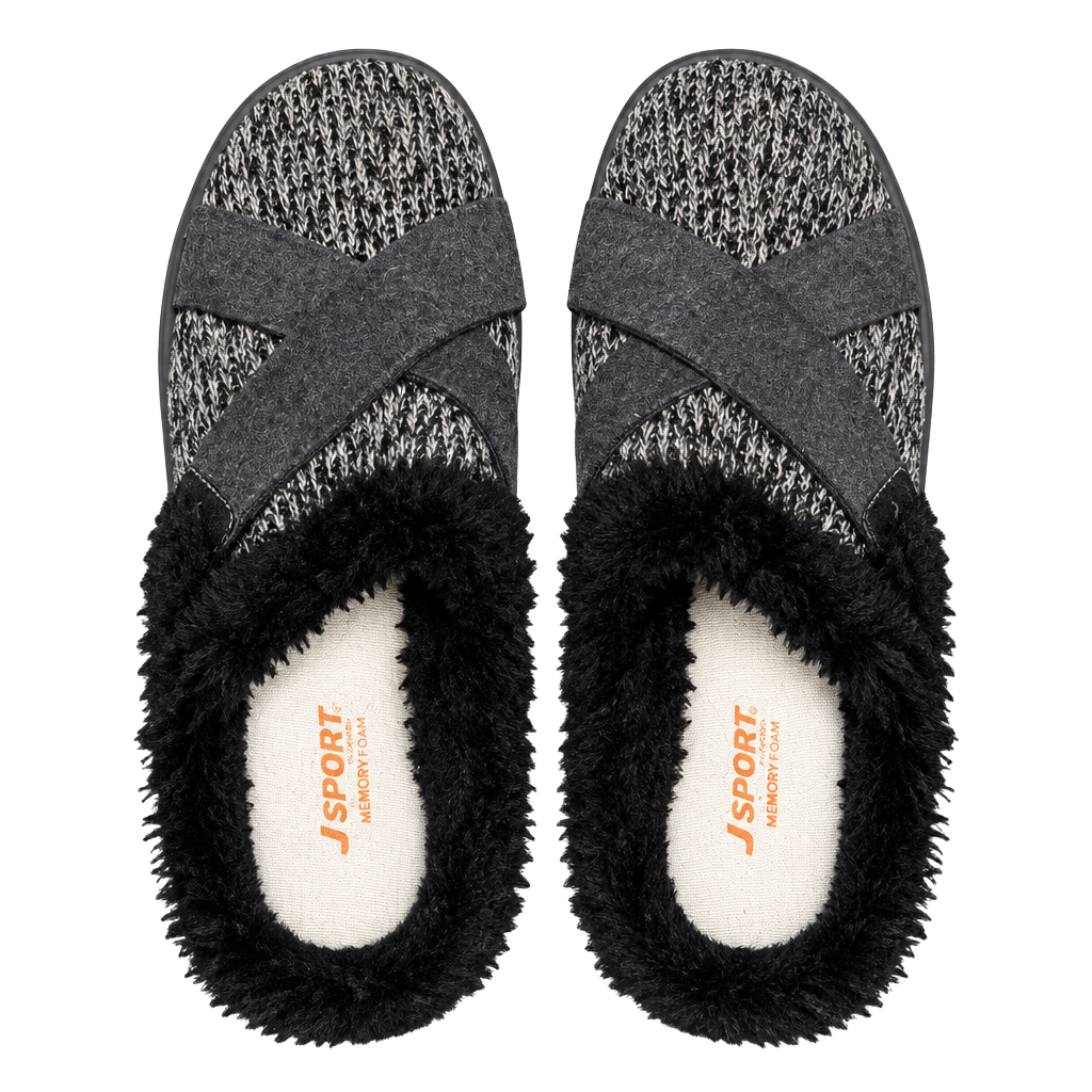J Sport Slippers Black Memory Foam Faux Fur Cross Strap 1