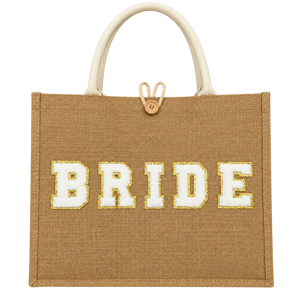 Bride Burlap Tote Bag White Gold Chenille Letter Patch 1