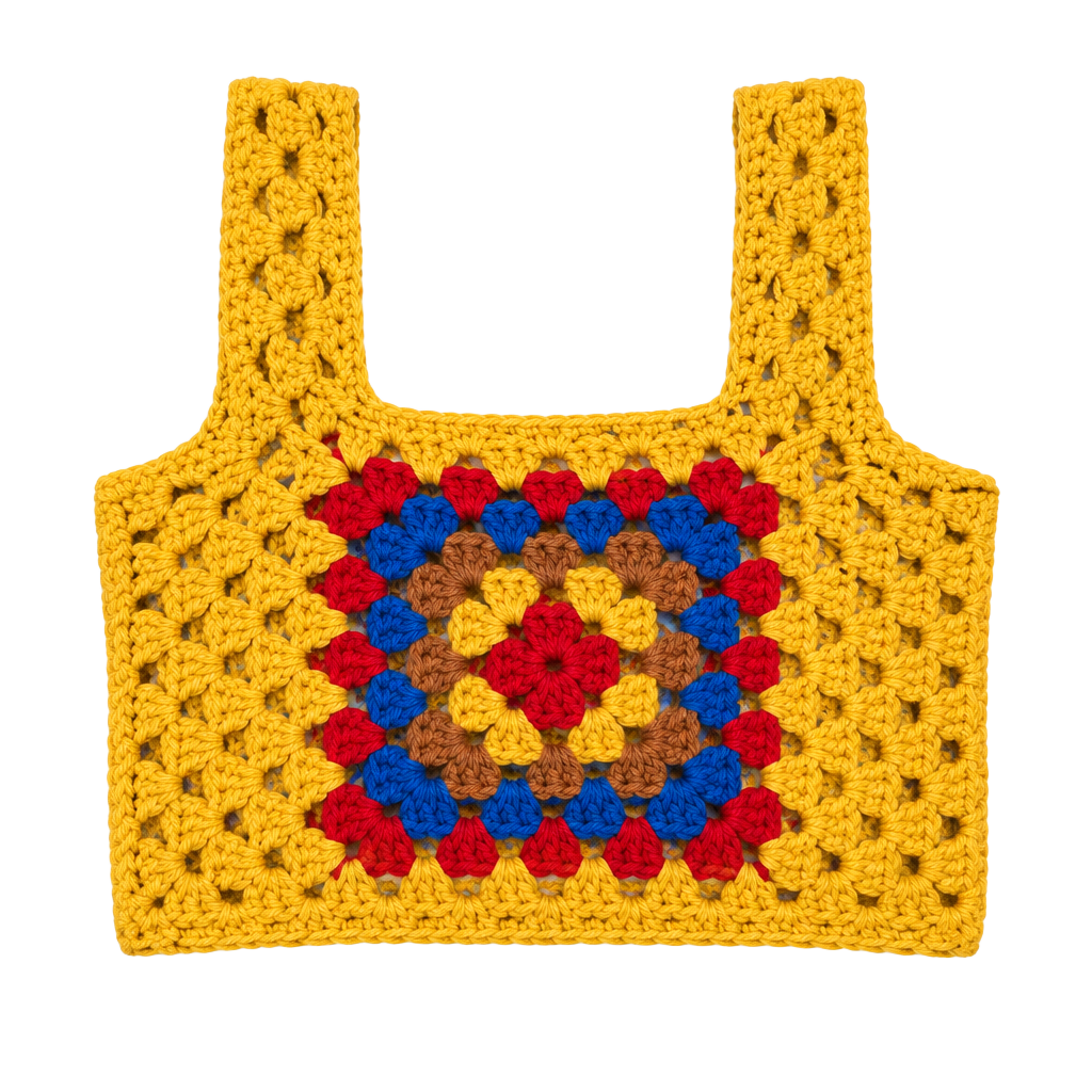Vintage Handmade Crochet Granny Square Crop Top Yellow Red Blue 1