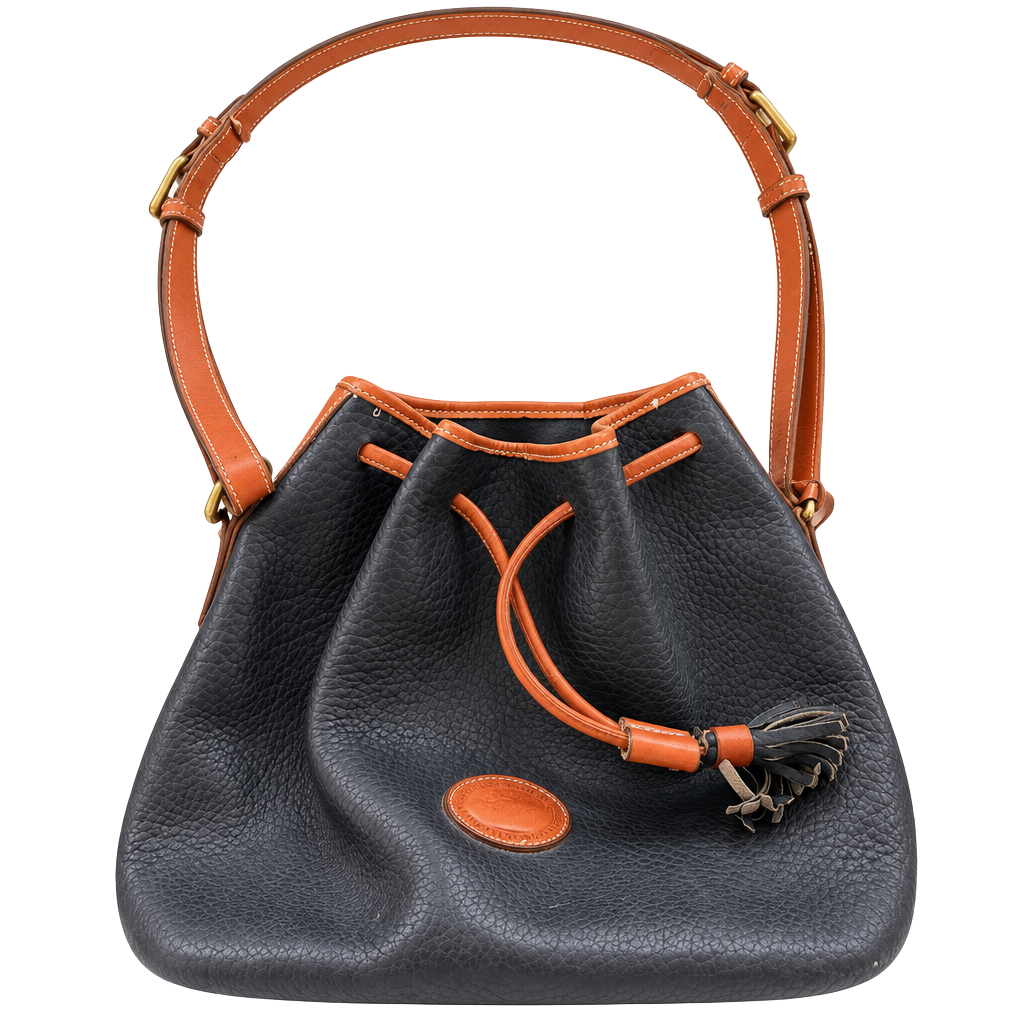 VTG Dooney & Bourke All Weather Leather Drawstring Bucket Bag Black Brown 1