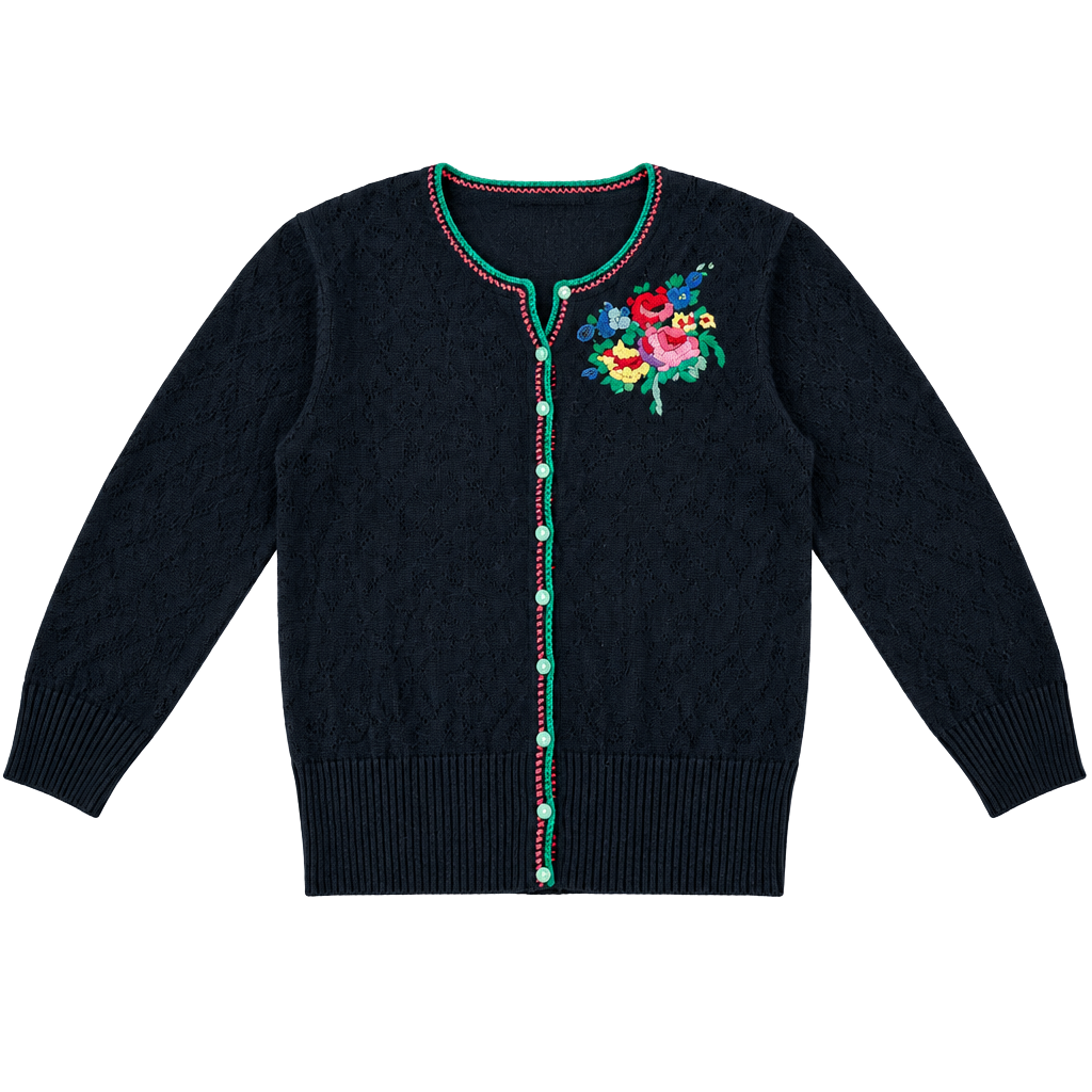 VTG Lucky Brand Floral Embroidered Cardigan Sweater Size L Black Wool Blend 1