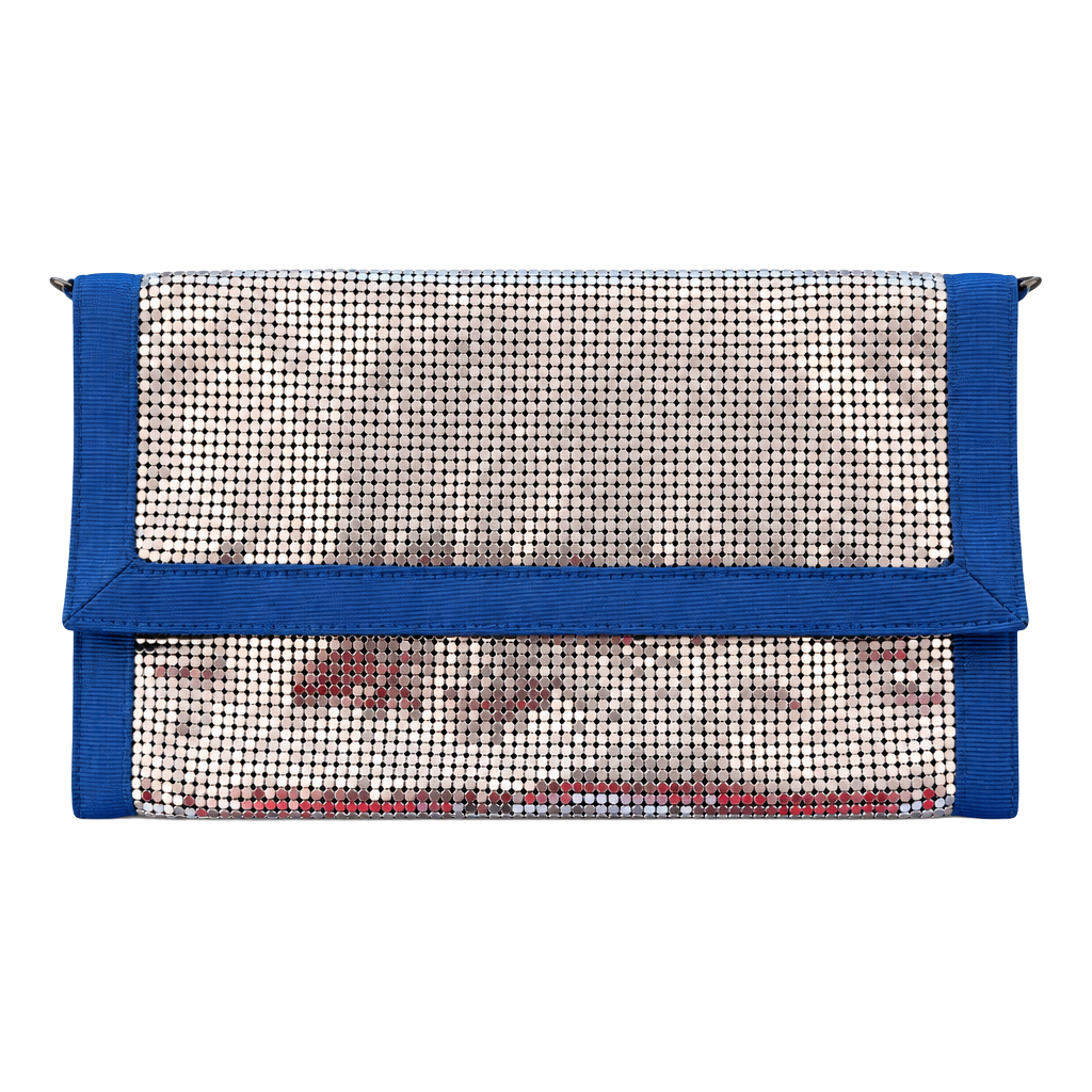 BCBGMAXAZRIA Silver Mesh Blue Trim Clutch 1