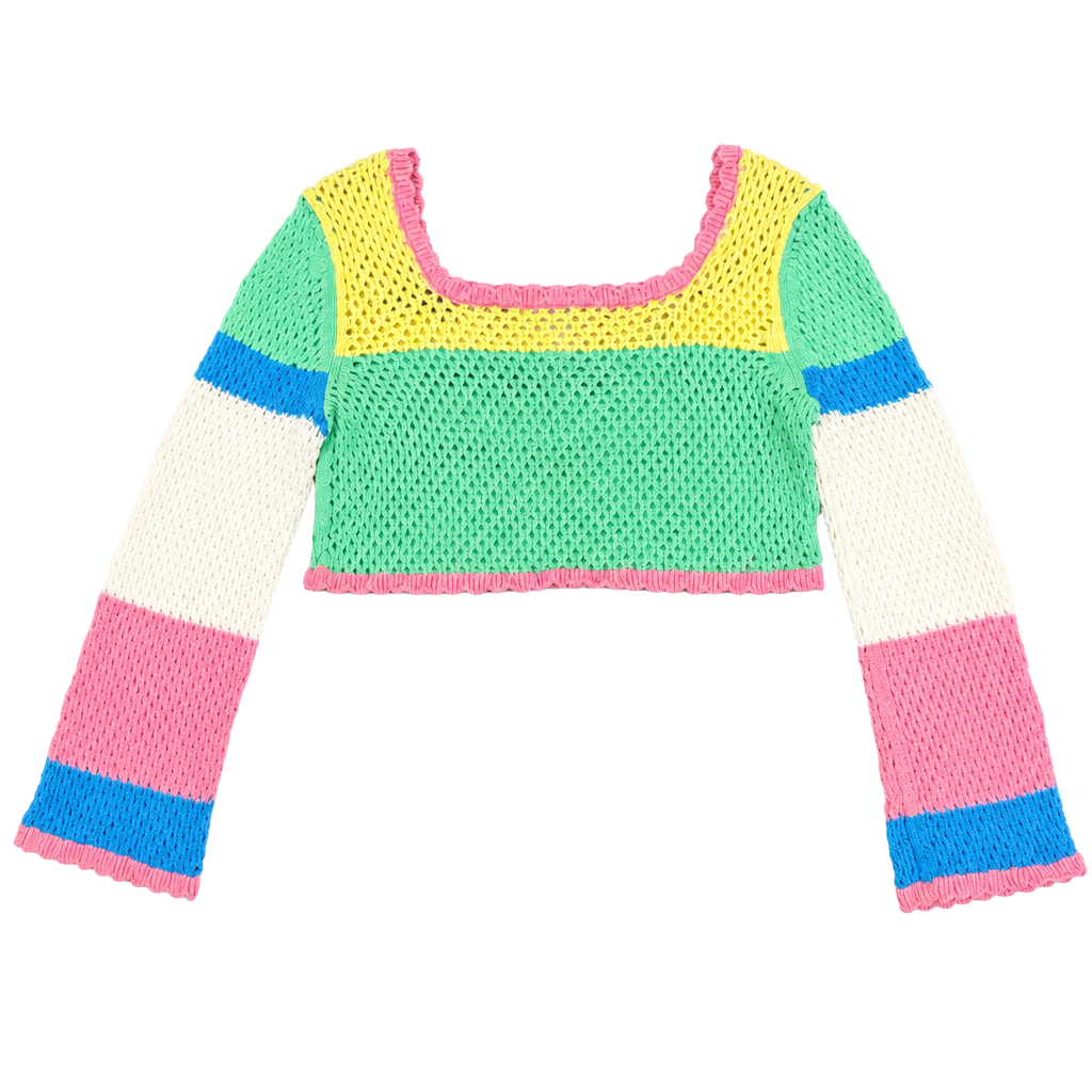 Sincerely Jules Women's Size L Multi-Color Striped Crochet Knit Crop Top 1