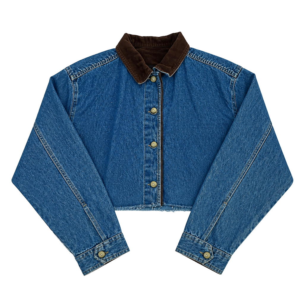 Upcycled Denim Cropped Jacket with Corduroy Collar and Mushroom Appliques 1