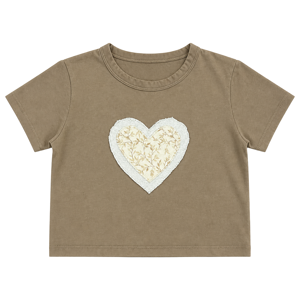 Handmade Cotton:On Brown Crop T-Shirt with Floral Heart Patch 1