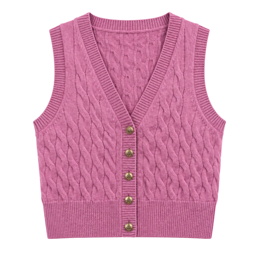 J.Crew Cashmere Cable-Knit Sweater Vest Size S Pink Gold Buttons 1