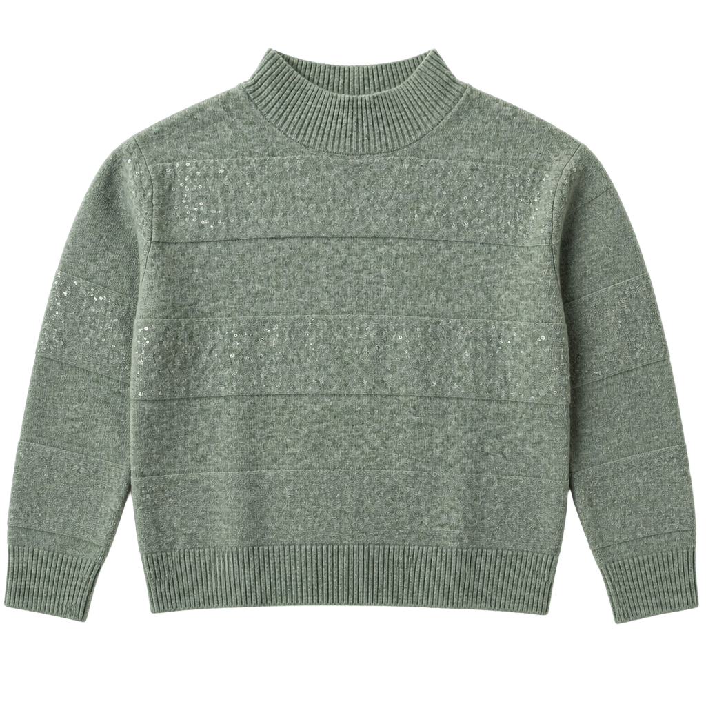 Ophelia Roe. Light Green Mock Neck Sequined Striped Sweater, Size M 1