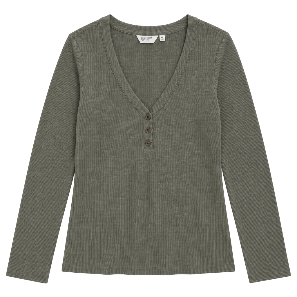 Candace Cameron Bure Long Sleeve Ribbed Henley Top Green Size Medium 1