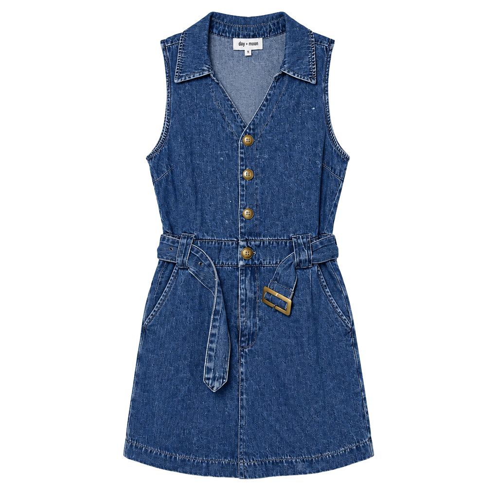 day + moon Denim Romper Size M Blue Belted Sleeveless 1