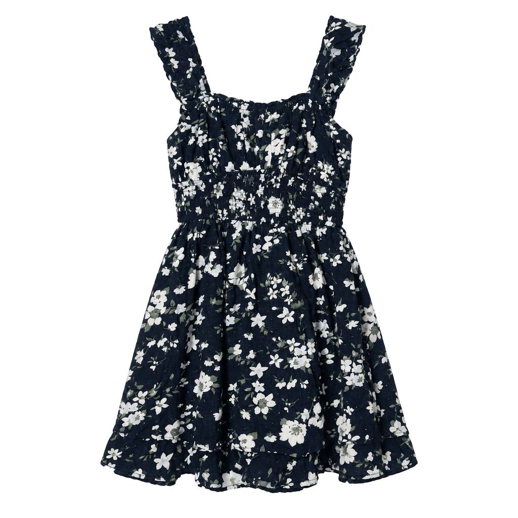 Floral Dress Navy White Smocked Ruffle Strap romper 1
