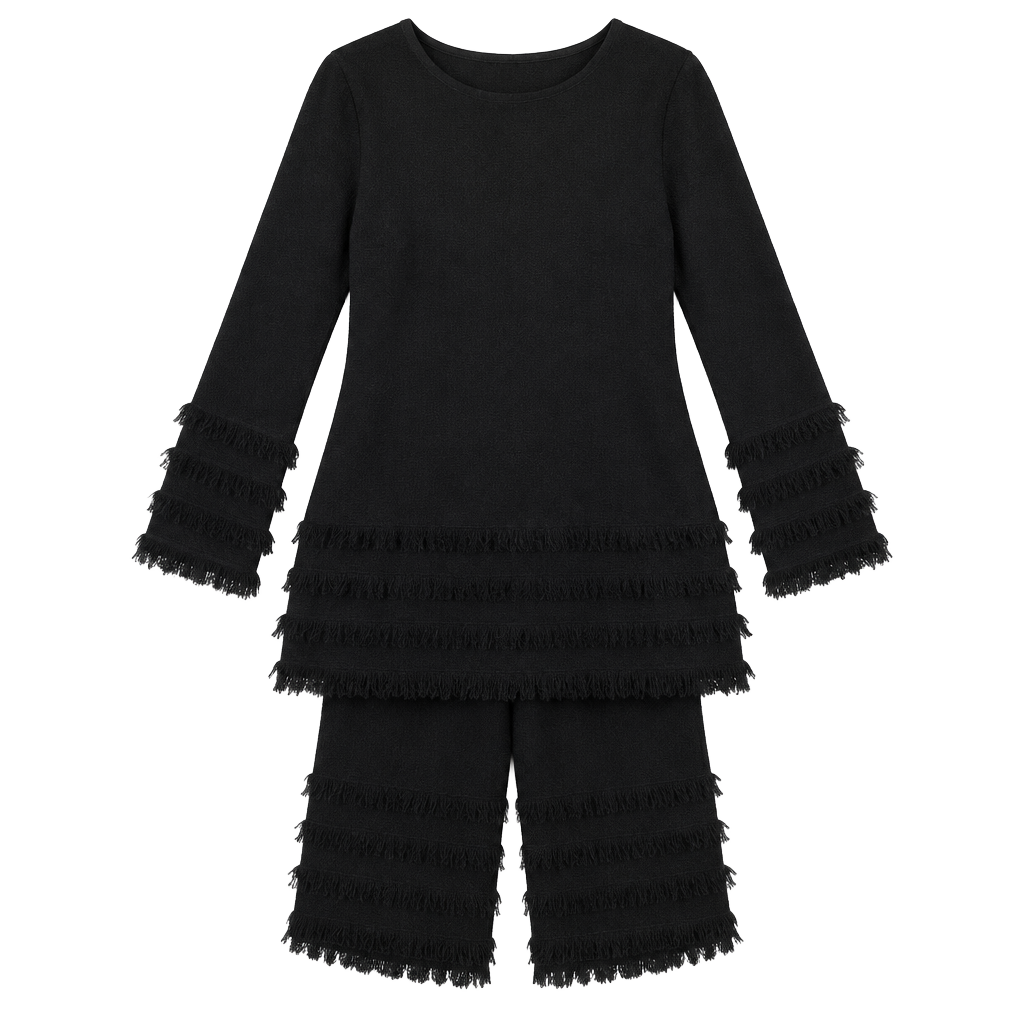 Trina Turk Black Fringe Long Sleeve Dress Size L 1