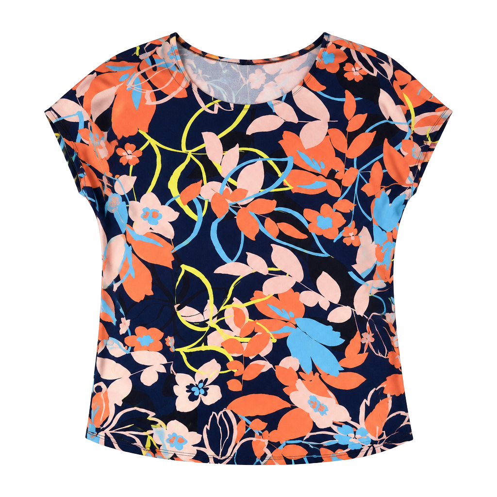 Halogen Floral Blouse Size L Navy Blue Short Sleeve Top 1
