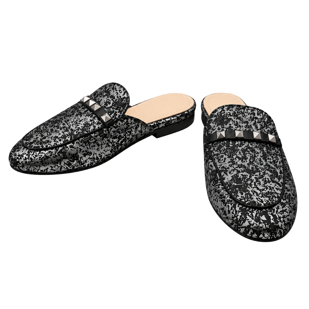 Marc Fisher Wishing Black Silver Metallic Studded Loafer Mules Size 8M 1