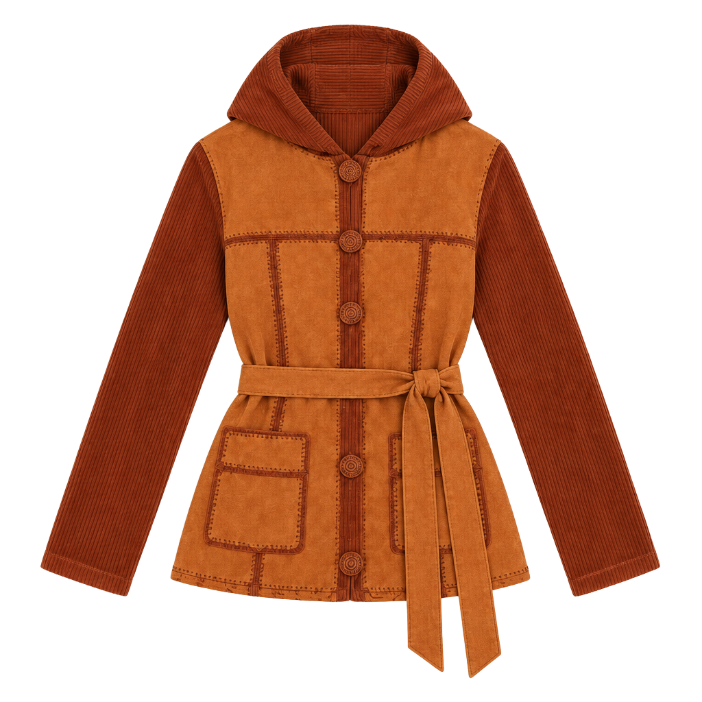 Vintage 70s Suede Hooded Jacket Size M Brown/Rust Patchwork Knit Boho Western 1