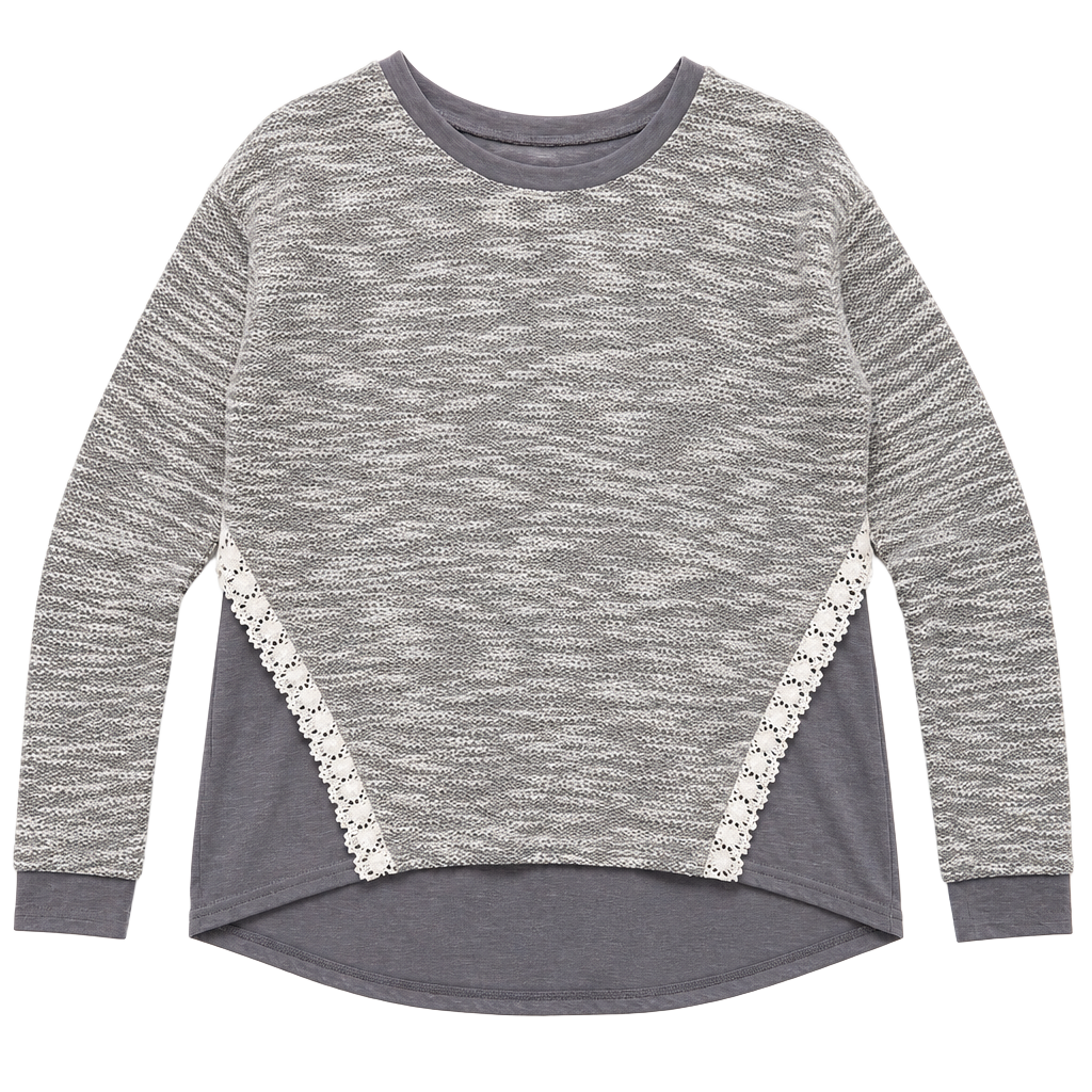 Crown & Ivy Gray and White Marled Knit Long Sleeve Top with Lace Side Inserts 1