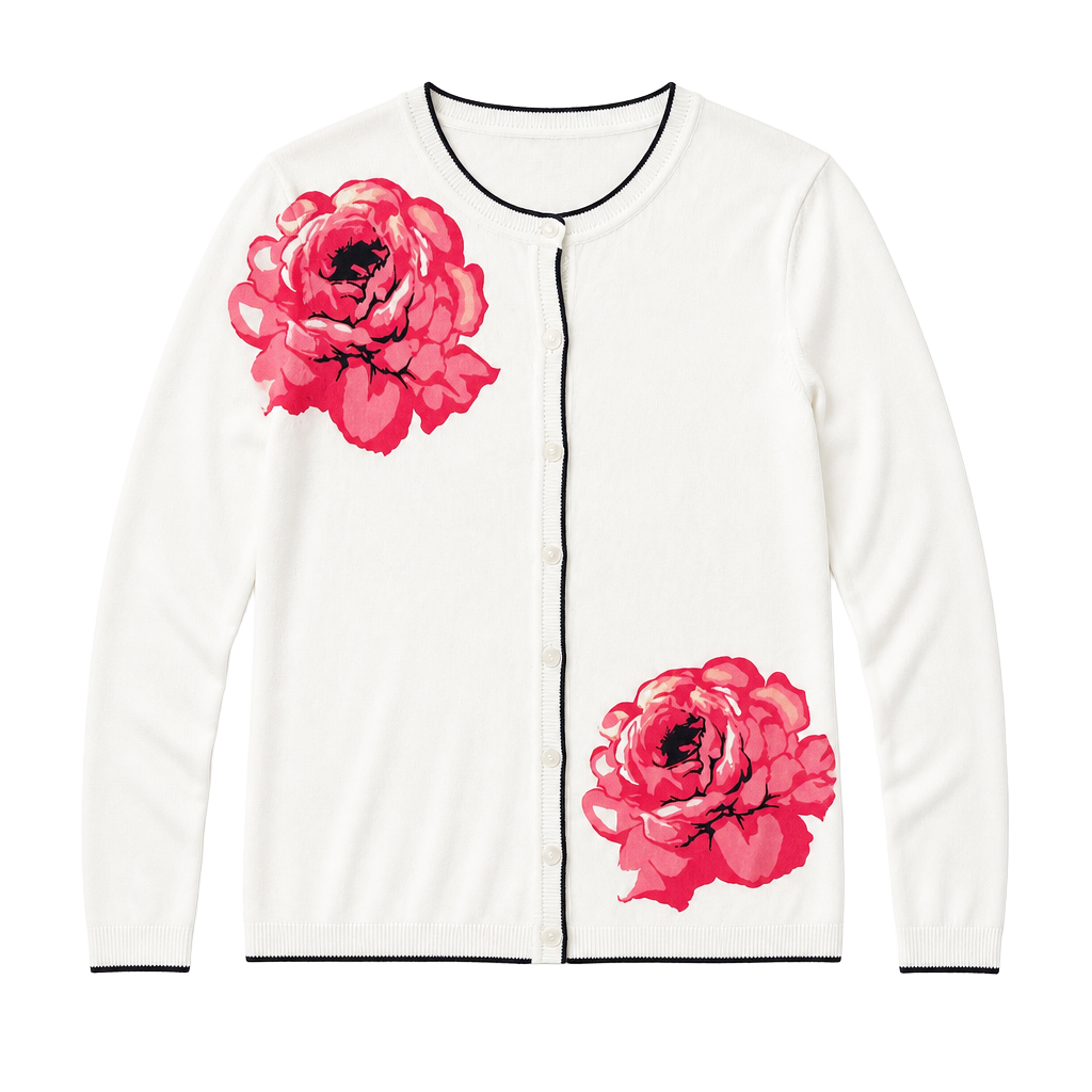 Sag Harbor Petite Cream Cardigan Sweater With Pink Roses 3/4 Sleeves Size PS 1