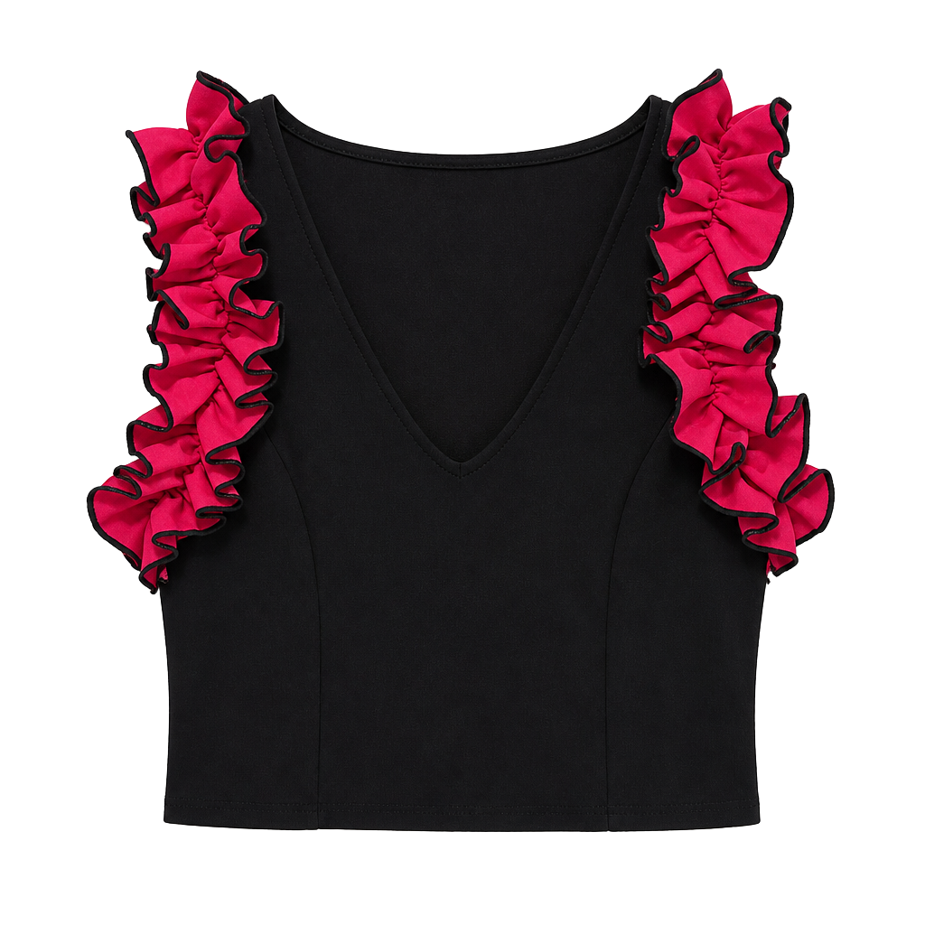 Winwin Apparel Black V-Neck Crop Top with Contrast Pink Ruffled Sleeves 1